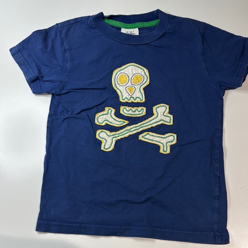 Mini Boden 5/6 Kids Blue Skull applique  T-Shirt